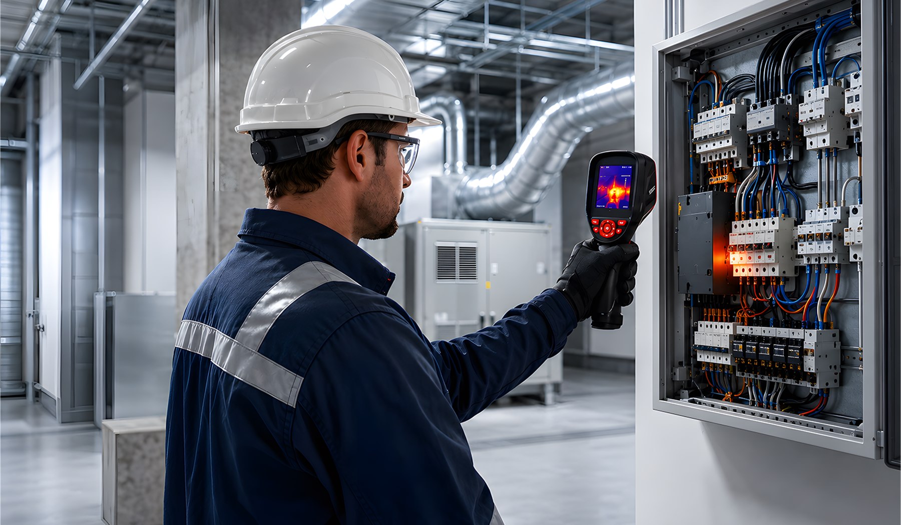 Technician using RCX100 to inspect electrical and HVAC equipment