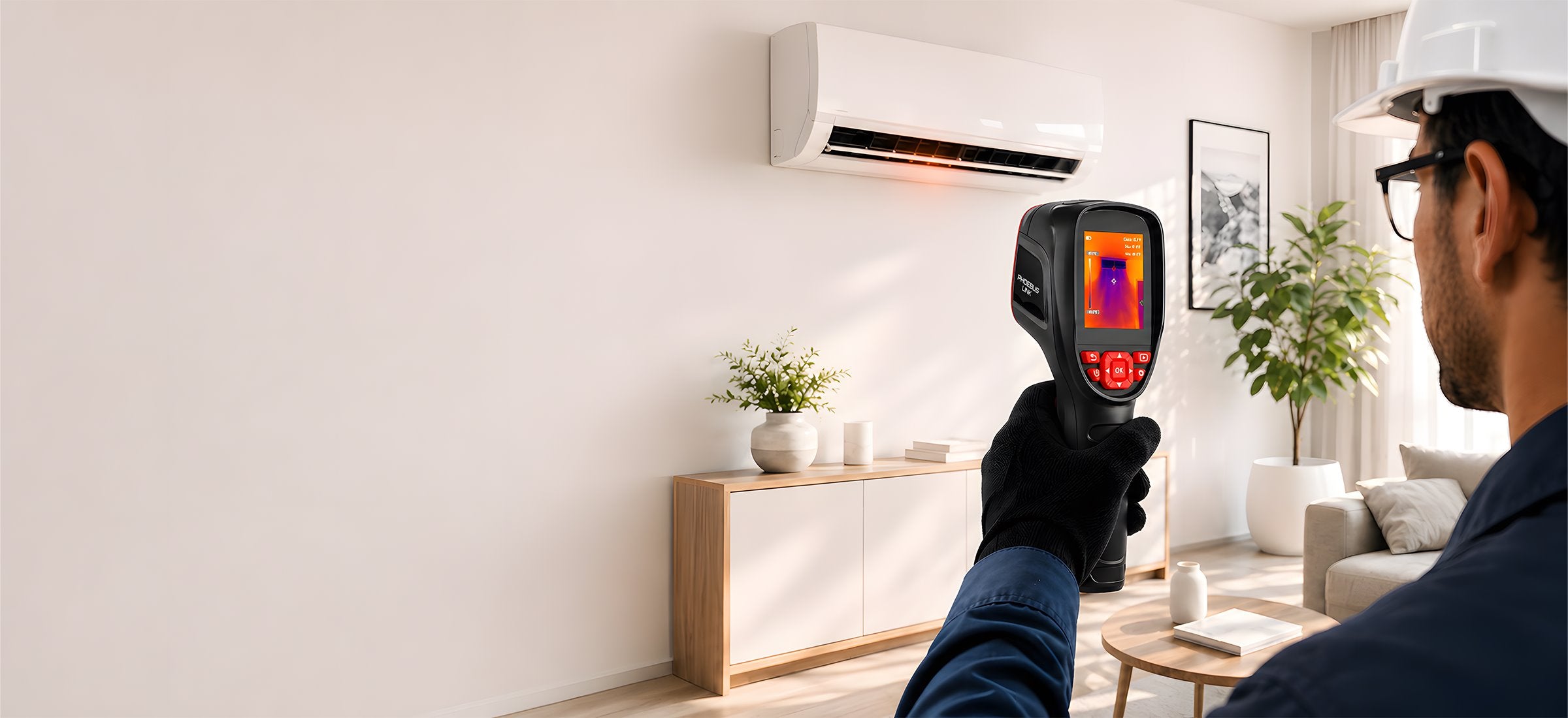 Technician using the PhoebusLink RCX100 thermal imaging camera to inspect an HVAC unit